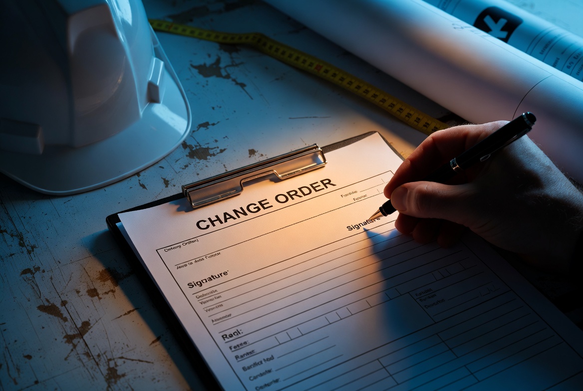Unsigned construction change order form on a job site with contractor's hand holding pen above the signature line, illustrating Michigan change order disputes