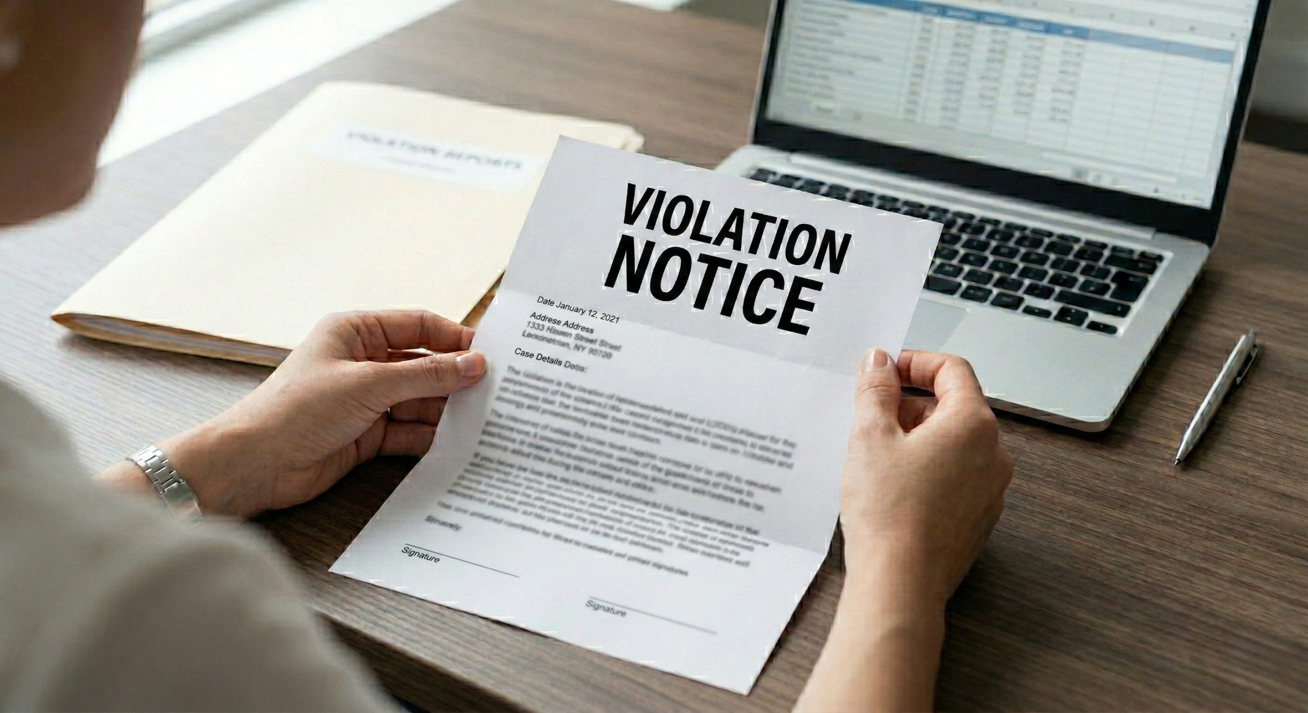 A person reviewing a formal written violation notice, representing the Michigan condominium due process hearing requirements under MCL 559.206.