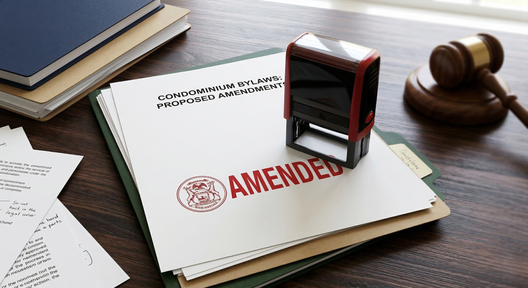 A close-up, high-angle photograph of a dark wooden desk. On the desk sits a stack of documents titled 