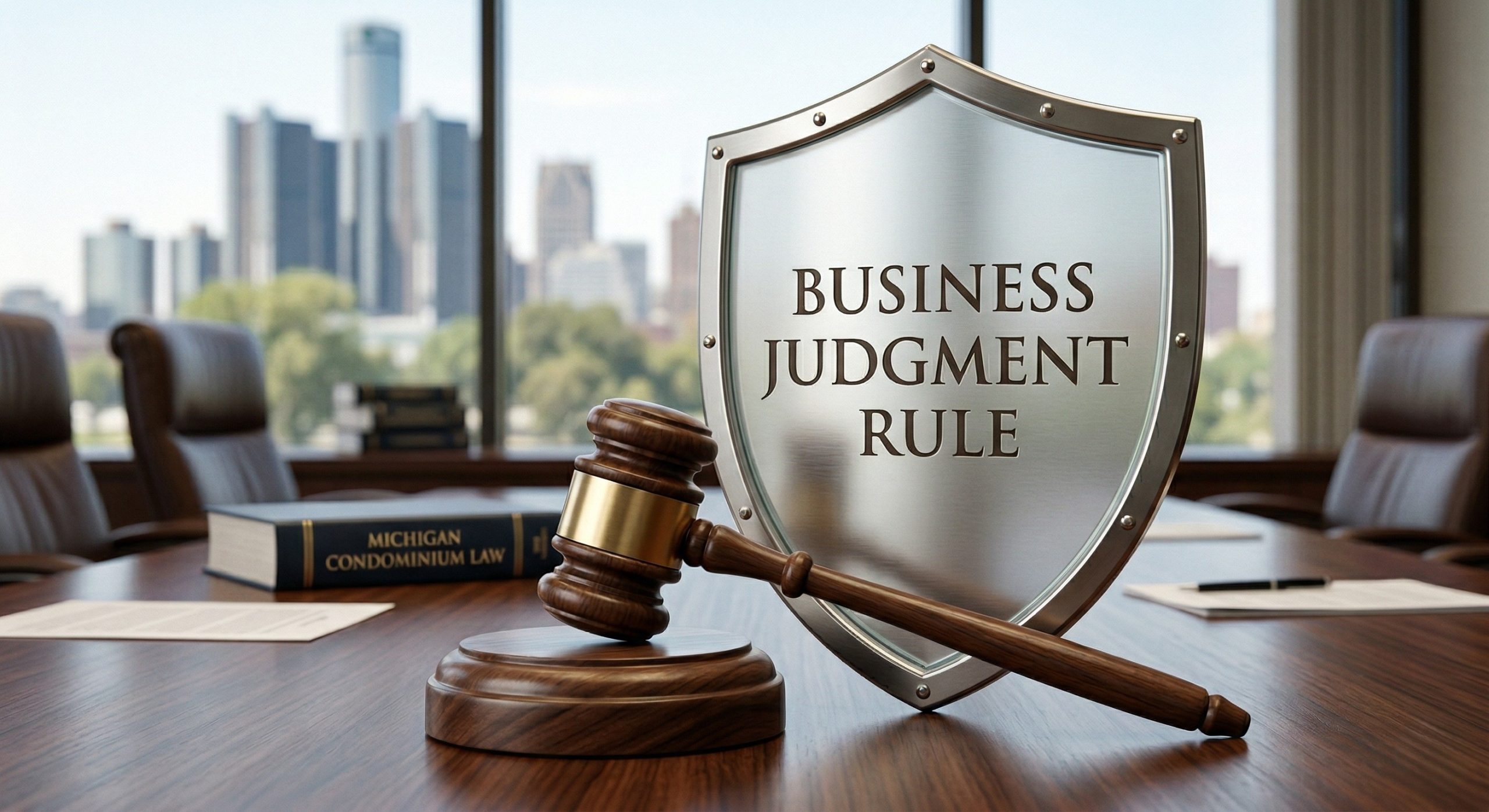 A wooden gavel resting beside a shield on a dark desk surface, representing the Business Judgment Rule protections available to Michigan condominium board members under MCL 450.2541 and the Michigan Nonprofit Corporation Act.