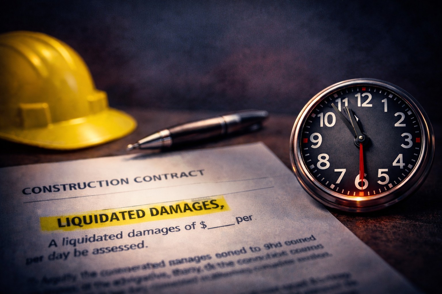 A Michigan construction contract with a clock overlay representing liquidated damages deadline risk for contractors.