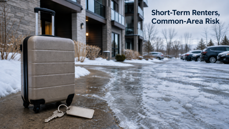 A tasteful composite showing luggage and a generic short-term-rental key on one side and an icy condominium walkway or parking lot on the other.