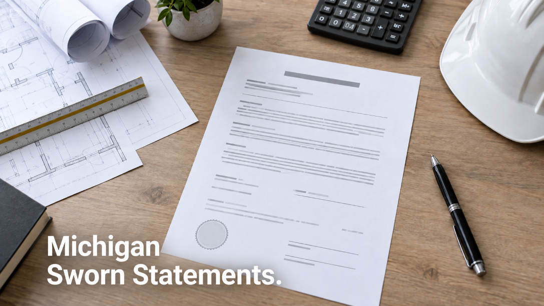 Michigan construction sworn statement beside project plans and payment records